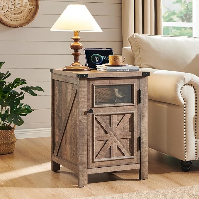 JXQTLINGMU Farmhouse End Table with Charging Station, 18'' Rustic Nightstand with Barn Door & Adjustable Shelf, Wooden Sofa Side Table with 3-Tier Storage for Living Room, Bedroom, Warm Brown-Ruum Studio Home