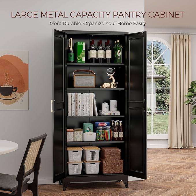 75" Kitchen Pantry Cabinet, Black Metal Storage Cabinets with 2 Doors and 4 Adjustable Shelves, Tall Pantry Storage Cabinet for Kitchen, Dining Room, Living Room-Ruum Studio Home