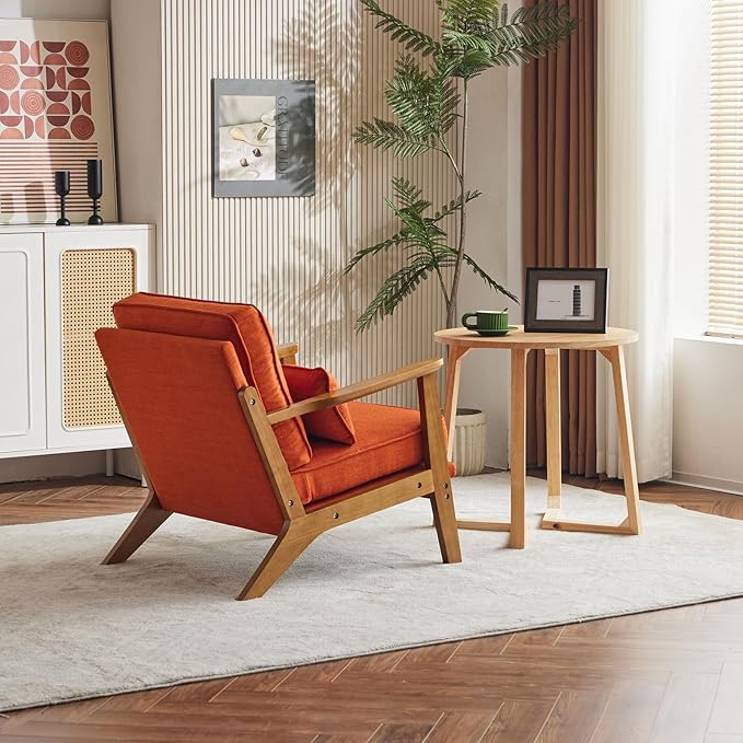 Karl home Accent Chair Wide Armrest Mid-Century Lounge Chair Linen Fabric Armchair with Lumbar Pillow & Solid Wood Frame for Living Room, Bedroom, Balcony, Burnt Orange-Ruum Studio Home