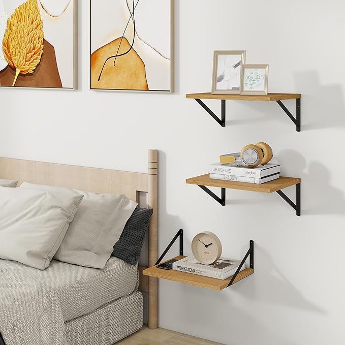 Heimlove Deep Floating Shelves for Wall, 12 Inch Deep Floating Shelves Set of 3, 16W x 12D Wood Wall Shelves, Wide Wood Shelves with Metal Bracket for Living Room, Kitchen, Office, Bedroom - Oak-Ruum Studio Home