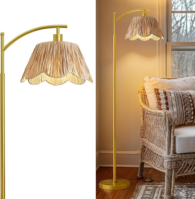 Oneach Arc Floor Lamp for Living Room,Rattan Boho Floor Lamp with Hand-Woven Wicker Shade, Foot Switch,Gold Metal Base & Pole,Farmhouse Standing Lamp for Bedroom Corner,Reading-Ruum Studio Home