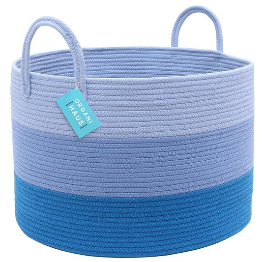 OrganiHaus Toy Storage Basket for Kids, Large Cotton Rope Organizer Bin for Nursery, Toy Box, Blanket Holder, Baby Hamper for Living Room, Soft & Washable, 20x13 inches - Blue-Ruum Studio Home