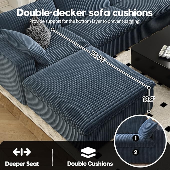 LoveSeat Cloud Couch Modular Sectional Sofa for Living Room,Modern Sofa with Deep Seat，2 Seater Boneless Couch,Comfy Upholstered Corduroy Couches for Apartment, Studio, Office,Bedroom，Blue-Ruum Studio Home
