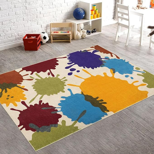 STARUIA Art Bedroom Rug, 4'x6' Machine Washable Kids Rug for Playroom, Paint Splash Rainbow Area Rugs for Classroom, Soft Colorful Living Room Rugs Throw Play Mat for Nursery Office Preschool-Ruum Studio Home