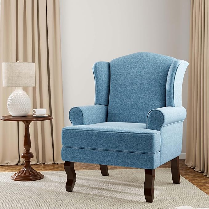 Accent Chair, High Back Upholstered Armchair with High Resilience Sponge & Wood Legs, Mid-Century Modern Comfy Single Sofa Reading Chairs for Living Room, Bedroom (Blue, Set of 2)-Ruum Studio Home
