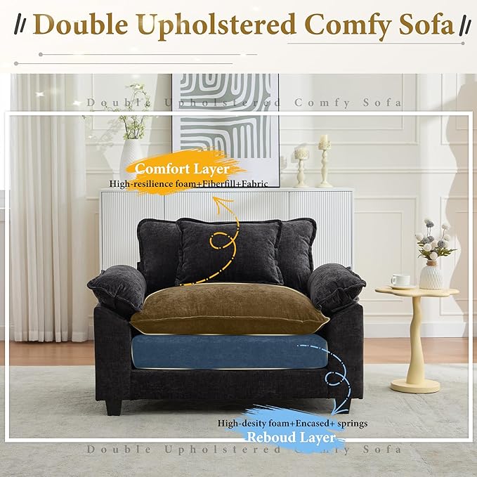 URRED Modular Sectional Sofa Comfy Cloud Couch, Modern Chenille Sofa Sleeper Deep Seat Couches with Ottoman/Pillows for Living Room (Black, 53'')-Ruum Studio Home
