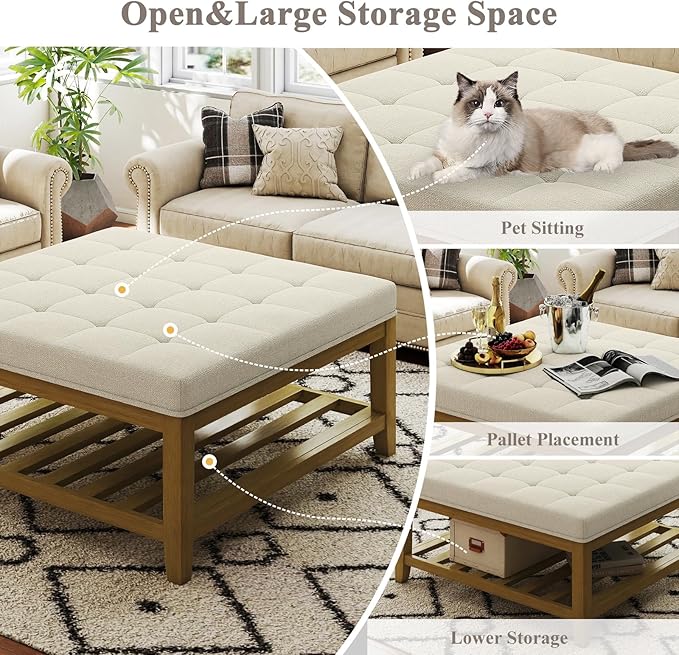 Large Square Ottoman Coffee Table, Linen Solid Upholstered Footrest Ottoman with Solid Wood Shelf Storage Tufted Coffee Table for Bedroom Living Room, Ivory-Ruum Studio Home
