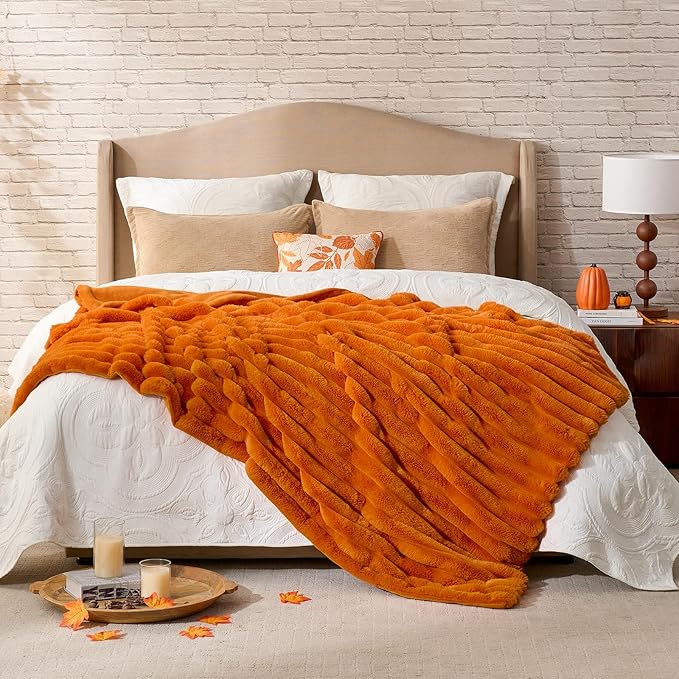Cozy Bliss Fall Harvest Faux Fur Throw Blanket for Couch, Cozy Warm Plush Striped Blanket for for Decorating Couch Sofa Bedroom Living Room,60 * 80 Inches Burnt Orange-Ruum Studio Home