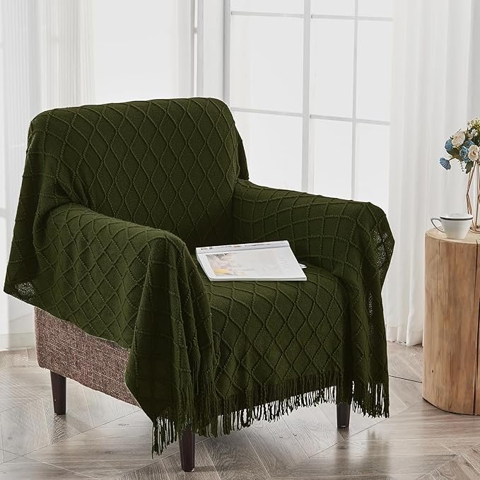 inhand Knitted Throw Blankets for Couch and Bed, Soft Cozy Knit Blanket with Tassel, Dark Green Lightweight Decorative Blankets and Throws, Farmhouse Warm Woven Blanket for Men and Women, 60"x80"-Ruum Studio Home