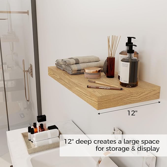 12 Inch Deep Floating Shelves, 24 x 12 Floating Shelf for Books, Rustic Wood Deep Wall Shelves for Home Storage & Display, 2" Thicked Shelves for Kitchen, Living Room, Bedroom, Oak Color, 2 Pack-Ruum Studio Home
