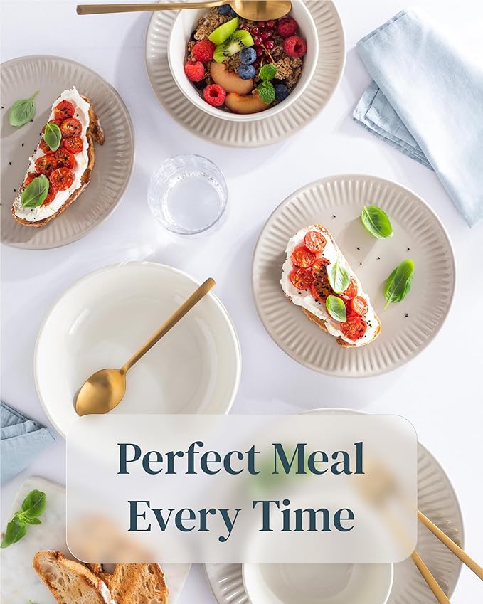 Stoneware Dinnerware Set for 4 People HYGGE 16-Piece - Elegant Scandi Design - Premium Dish Set - Bowl and Plate Set - Tableware for 4 People in a Ribbed Design - Pure Living in Light Brown-Ruum Studio Home