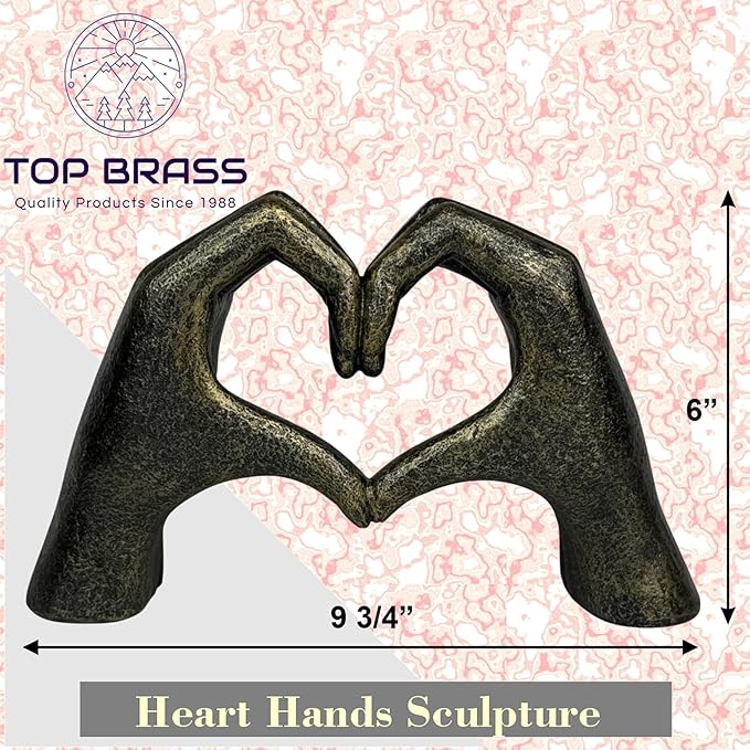 Top Brass Large Rustic Heart Hands Sculpture, 9 3/4” Resin Love Statue – Romantic Decor Accent for Shelf or Mantel – Perfect for Wedding, Valentine's Day or Anniversary (Rustic Cast Iron)-Ruum Studio Home