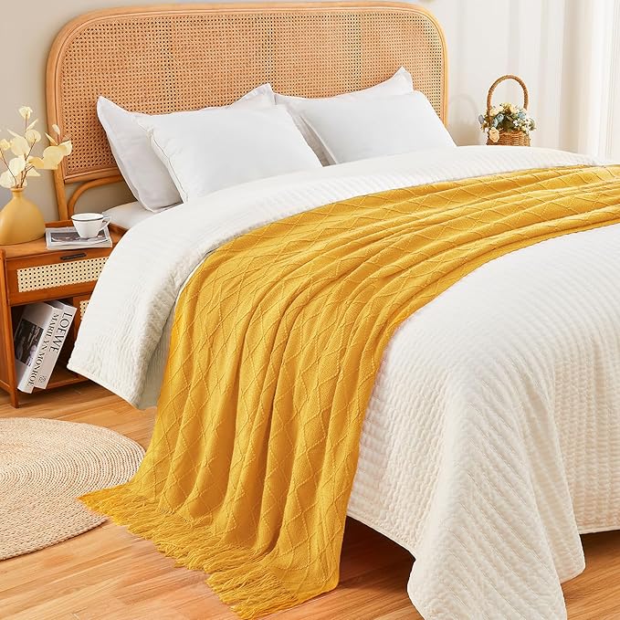 inhand Knitted Fall Throw Blanket for Couch and Bed, Knit Fall Decor Halloween Blanket with Tassel, Mustard Yellow Lightweight Decorative Farmhouse Warm Woven Blankets and Throws for Women, 60"x80"-Ruum Studio Home