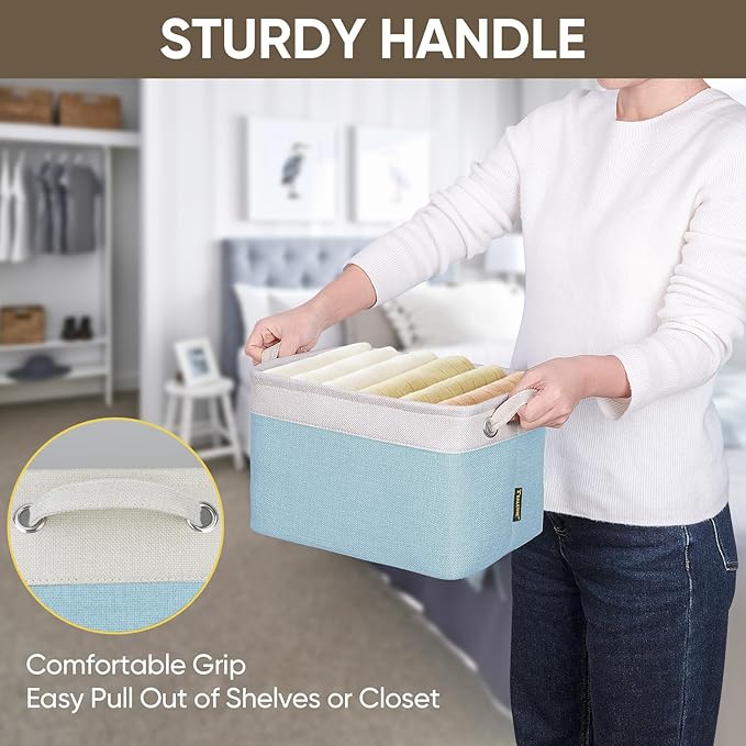 BALEINE 4 Pack Fabric Storage Bins for Shelves, Linen Storage Baskets for Organizing, Decorative Closet Bins for Clothes, Home (Skyblue, 12"x8"x8")-Ruum Studio Home