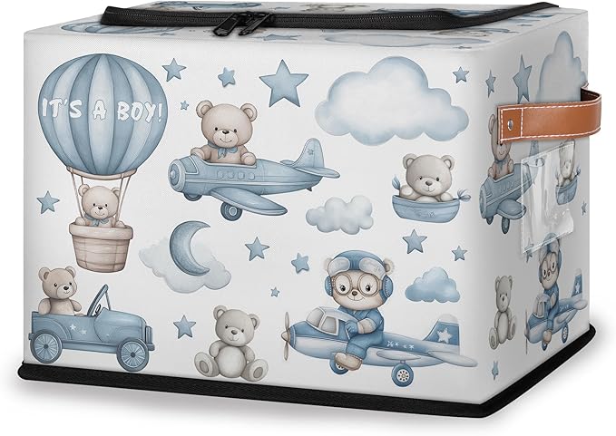 Rectangular Storage Baskets for Shelves - Waterproof Foldable Laundry Basket, Nursery Hamper, Reusable Toy Bin for Organizing Toys, Books, Clothes, Closet 14"x10.2" x10.4" (Little Bear)-Ruum Studio Home
