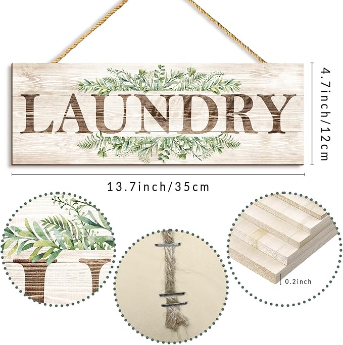 Laundry Sign Wall Decor, Kitchen Wall Art with Plant Print, Rustic Farmhouse Wall Hanging Plaque Home Kitchen Decorative (Laundry), 4.7 x 13.7 inches-Ruum Studio Home