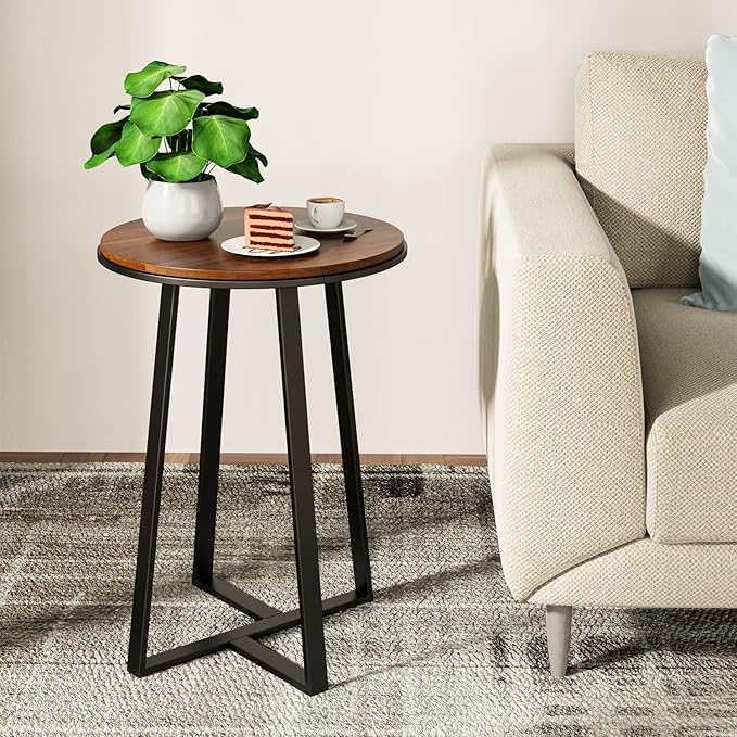 Round End Tables, Small Side Table Walnut Color MDF Top, Metal Frame Black, Tall End Table for Bed Room, Coffee Tea End Table for Living Room(Walnut+Black)-Ruum Studio Home