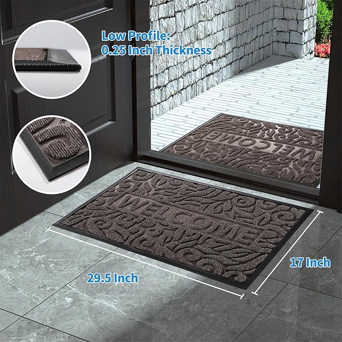 Yimobra Welcome Door Mat Outdoor Indoor, Non Slip Front Doormats, Heavy Duty Rubber Backing, Low-Profile Entrance Mat, Absorbent Resist Dirt, Easy Clean Patio Garage Floor Mats, 29.5 x 17, Brown-Ruum Studio Home