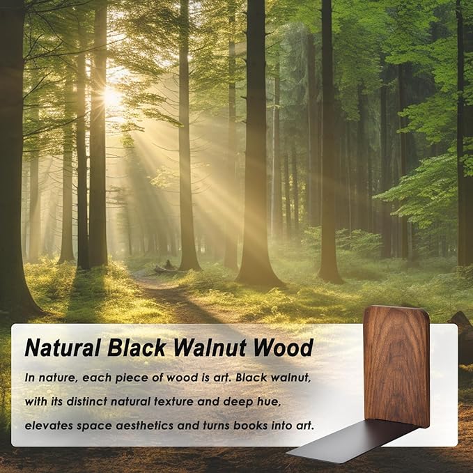 Book Ends, Black Walnut Wooden Bookends for Shelves - Heavy Duty Non-Slip Book Organizers, Upgraded Decorative Bookend Holders for Home, Kitchen, Office, Set of 2, Medium-Ruum Studio Home