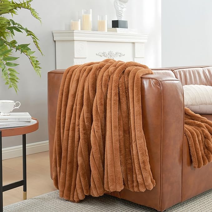 Amélie Home Faux Fur Throw Blanket for Couch, Cozy Fuzzy Fluffy Fur Luxurious Soft Striped Plush Gift Blankets for Family Sofa Chair Bed Living Room Bedroom, 55"x70", Brown-Ruum Studio Home