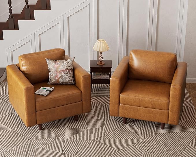 Faux Leather Oversized Accent Chair with Storage Deep Seat Single Sofa Large Reading Armchair for Living Room Bedroom Office Brown Set of 2-Ruum Studio Home