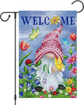 Welcome Spring Gnome Garden Flag 12x18 Double Sided Burlap Butterfly Floral Garden Yard Flags for Spring Summer Rustic Seasonal Outside Outdoor House Decoration (ONLY FLAG)-Ruum Studio Home