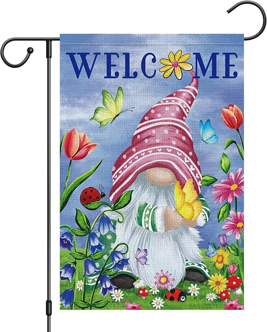 Welcome Spring Gnome Garden Flag 12x18 Double Sided Burlap Butterfly Floral Garden Yard Flags for Spring Summer Rustic Seasonal Outside Outdoor House Decoration (ONLY FLAG)-Ruum Studio Home