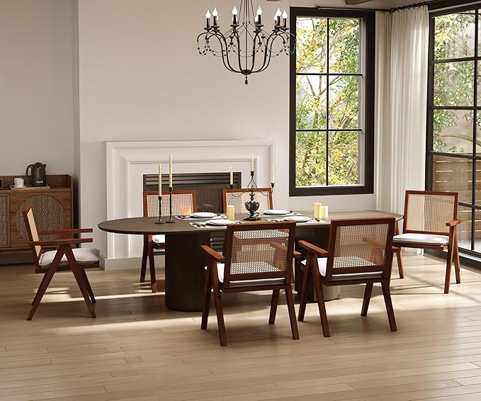 Rattan Dining Chairs Set of 4, Farmhouse Wicker Dining Chairs with Removable Linen Cushion Accent Cane Armchair for Dining Room Kitchen Restaurant, Walnut-Ruum Studio Home