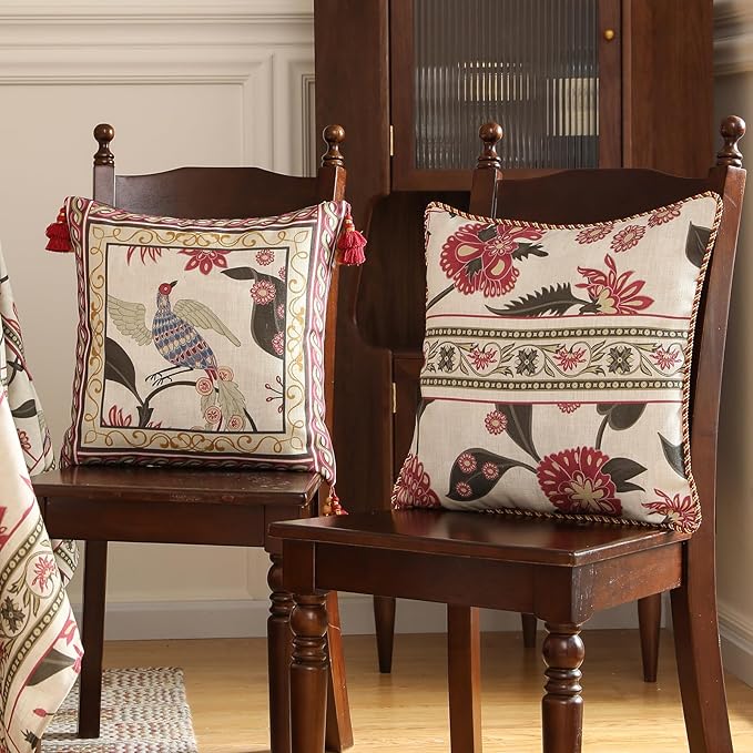 patdrea Designer Throw Pillow Covers Set of 4,Vintage Red Linen Pillowcases with Flower and Birds Pattern Pillows Cover for Couch,Farmhouse Decorative Cushion for Bed Living Room Outdoor Car-Ruum Studio Home