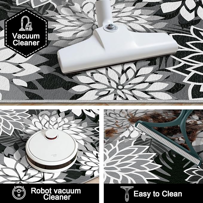 Area Rug 2x6 Black White Washable Entry Rug Multicolored Tropical Botanical Modern Floral Indoor Kitchen Door Mat Entrance Carpet Non Slip for Bedroom Living Room, Porch-Ruum Studio Home