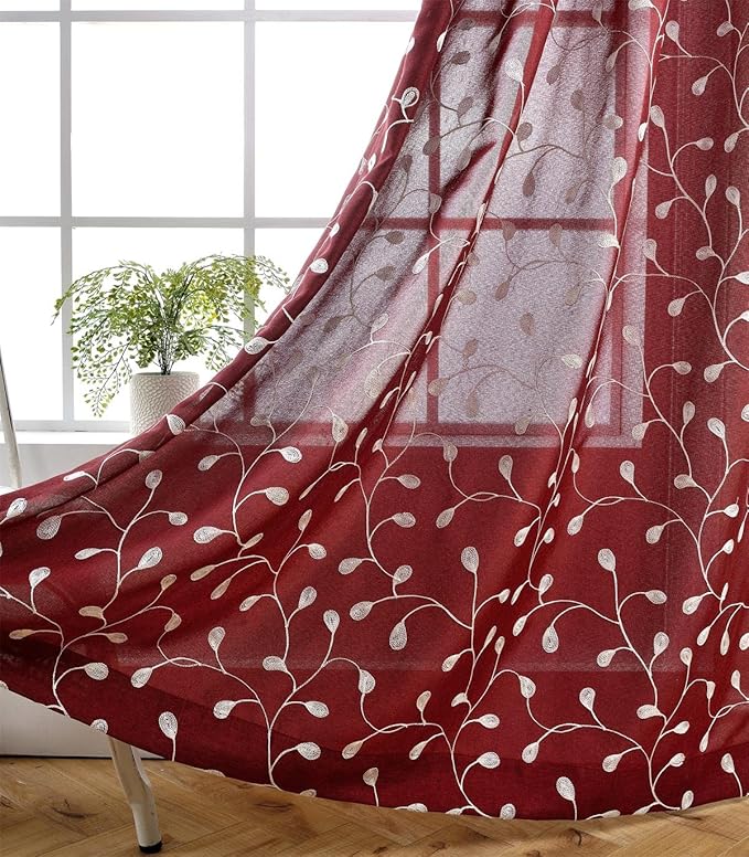 MIUCO Floral Embroidered Semi Sheer Curtains Faux Linen Grommet Curtains for Living Room 52 x 63 Inch 2 Panels, Burgundy-Ruum Studio Home