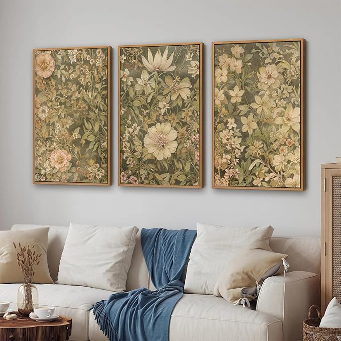SIGNINART Vintage Floral Framed Canvas Wall Art Set of 3, Mid Century Modern Flowers Wall Decor, Neutral Botanical Artwork, Retro Wildflower Art Prints for Bedroom, Living Room, Office 24"x36"x3-Ruum Studio Home