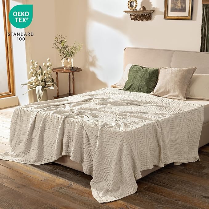 PHF Cooling Waffle Blanket King Size, Lightweight 60% Rayon Derived from Bamboo & 40% Cotton Breathable Blanket for Hot Sleepers, Soft and Luxury for Bed Couch and Sofa, 104"x90", Linen-Ruum Studio Home