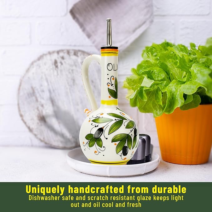 Hand-Painted Ceramic Olive Oil Dispenser Bottle – 15oz Decorative Stoneware Cruet with Stainless Steel Spout for Oil, Vinegar, Syrups, and Sauces-Ruum Studio Home