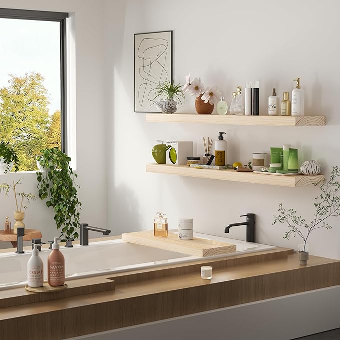 Light Wood Floating Shelves 48 Inch, 8 in Deep Single Book Shelf Floating for Wall Mounted, Heavy Duty Shelf Hold 100 lbs, Unfinished Wall Shelves for Bathroom, Living Room, Kitchen, Bedroom, Office-Ruum Studio Home