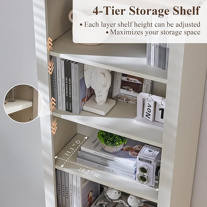 RedLemon Bookshelf with Storage Cabinet, 72" Tall Farmhouse Bookcase with Adjustable Shelves and Barn Door, 4 Tier Office Wood Bookshelf with Drawer for Office Library Living Room (Antuique White)-Ruum Studio Home