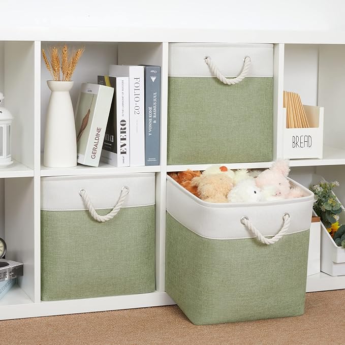 Bidtakay Cubby Storage Bins Set of 3 Fabric Baskets for Shelves Closet Drawer Organizer Storage Cubes 13x13 Collapsible Organization Baskets for Nursery Toy Shelf (White&green)-Ruum Studio Home