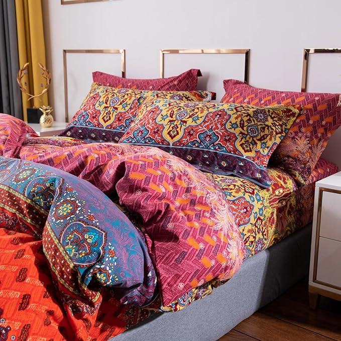 ABREEZE Bohemian Duvet Cover Set Colorful Orange Boho Retro Bedding Set Damask Paisley Cotton Duvet Cover Tribal Reversible Bedding Exotic Style Comforter Cover 3-Piece Twin-Ruum Studio Home
