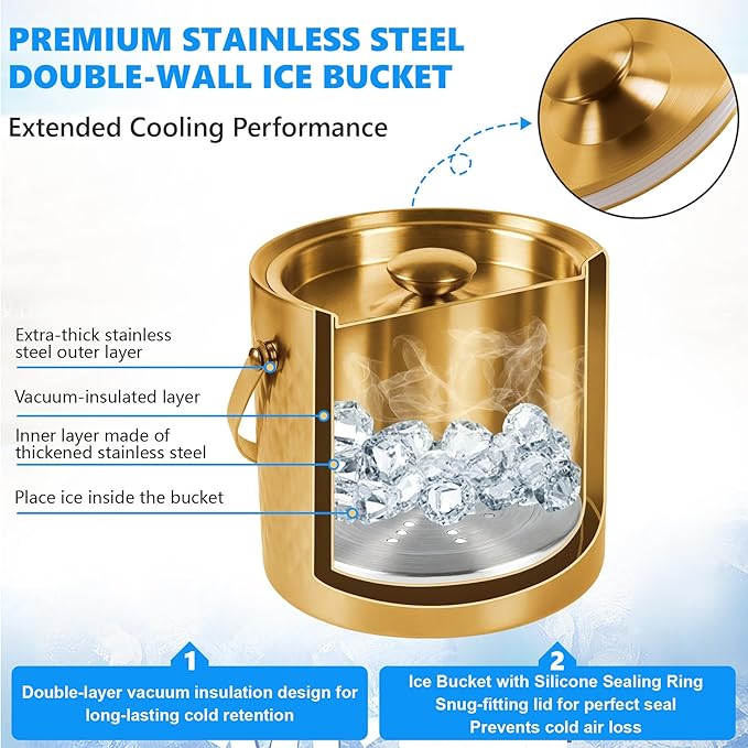 Ice Bucket, Gold Ice Bucket 3L with Silicone Sealing Ring Double-Wall Vacuum Insulation Champagne Buckets with Filter Layer Ice Tongs Ice Scoop (Gold, 3 L)-Ruum Studio Home