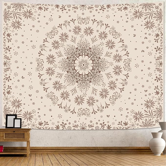Fowocu Boho Floral Mandala Tapestry Wall Hanging Bohemian Flower Medallion Tapestry Aesthetic Beige Brown Hippie Indian Small Tapestries for Bedroom Living Room Dorm Decor 60 x 44 Inch-Ruum Studio Home