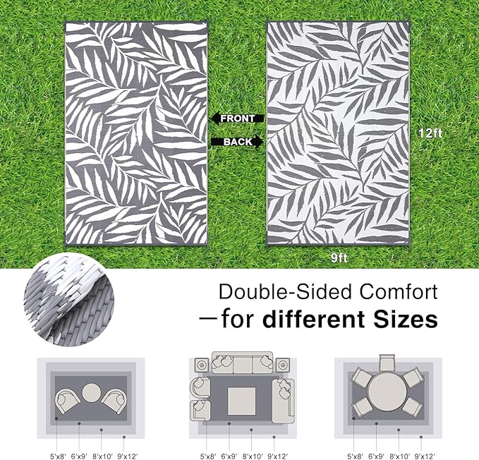 OLANLY Waterproof Outdoor Rug 9x12 ft, Reversible Outdoor Plastic Straw Rug with Leaf Pattern, RV Mat, Indoor Outdoor Carpet for Patio, Camping, Balcony, Deck, Backyard, Grey & White-Ruum Studio Home
