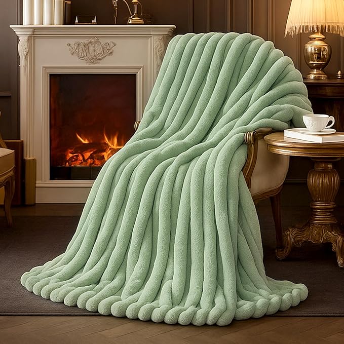 Amélie Home Faux Fur Throw Blanket for Couch, Cozy Fuzzy Fluffy Fur Luxurious Soft Striped Plush Gift Blankets for Family Sofa Chair Bed Living Room Bedroom, 55"x70", Sage Green-Ruum Studio Home