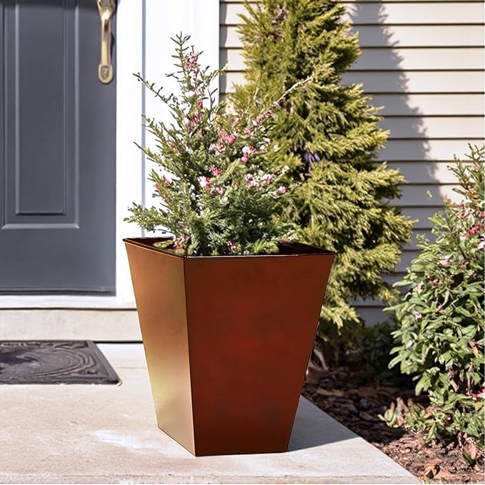 Worth Garden Large Metal Glazed Floor Planter Set of 2-14" Dia x 18" H - Luxurious Glossy Finish Red Tall Square Tapered Steel Plant Pots, Decor Flower Pot Indoor & Outdoor, Drainage Hole-Ruum Studio Home