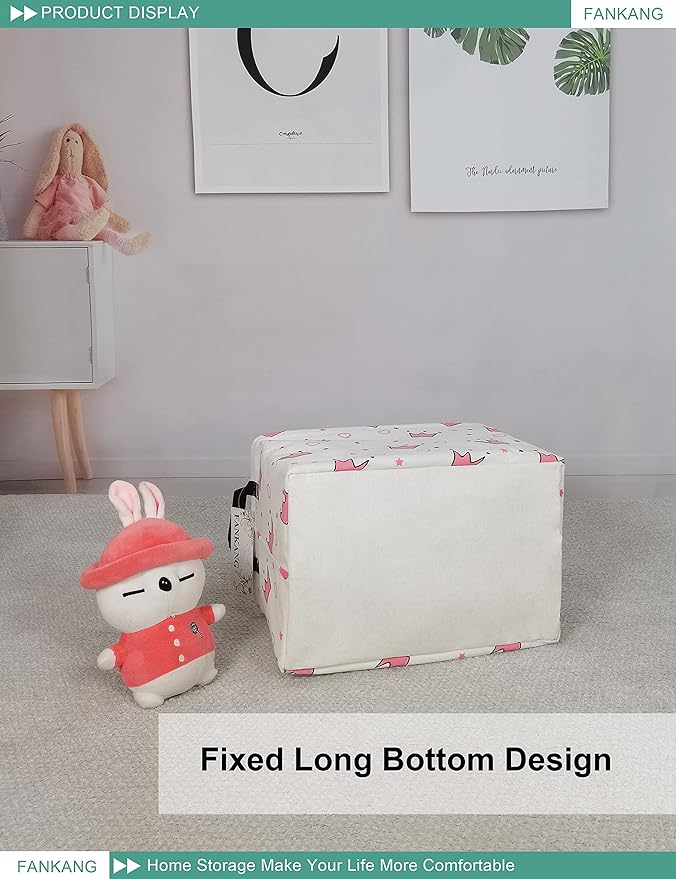 FANKANG Storage Bins, Nursery Hamper Canvas Laundry Basket Foldable with Waterproof PE Coating Large Storage Baskets for Kids Boys and Girls, Office, Bedroom, Clothes,Toys(Rec-pink crowns)-Ruum Studio Home