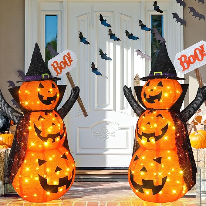 Halloween Decoration 4.3FT Retractable Jack-O-Lantern, 100 LED Collapsible Pumpkin Lantern with Black Star Hat, Plug in Halloween Lights with Stand for Indoor Outdoor Lawn Backyard Garden Decor-Ruum Studio Home