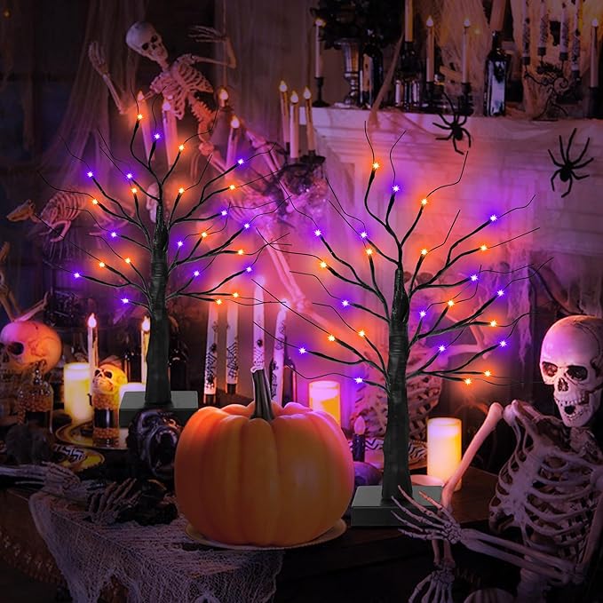 [Timer] 2 Pack 24 Inch Black Halloween Tree with Orange Purple Lights, USB/Battery Operated Light Up Halloween Table Decorations, Spooky Halloween Decorations Indoor Home Mantle Room Party Decor-Ruum Studio Home