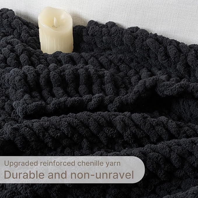 Chunky Knit Blanket Throw, 100% Hand Knit Throw Blanket Handmade Chenille Cable Knit Throw for Couch, Stylish Cozy Soft Rope Knot Crochet Blanket for Home Decor, Black, 50x60 Inches-Ruum Studio Home