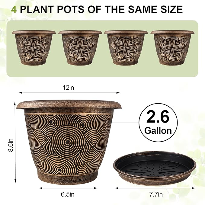 12 Inch Large Planter Pot for Plants Indoor Outdoor, 4 Pack Plastic Flower Pots with Drainage Hole & Tray, Modern Decorative Garden Pot with Saucer, Plant Container for House-Ruum Studio Home