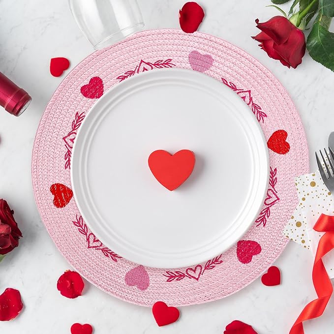 Whaline 4Pcs Round Valentine Placemats Red Pink Heart Embroidered Place Mats Decorative Dinner Table Mats for Home Wedding Anniversary Party Decor-Ruum Studio Home