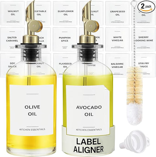 Olive Oil Dispenser Bottle - Includes 55 Kitchen Essential Labels - Cooking Oil Bottles for Kitchen, Coffee Syrup Dispenser - Pourer Spout with 11.8 fl oz Glass Container Cruet - 2pcs, Gold-Ruum Studio Home